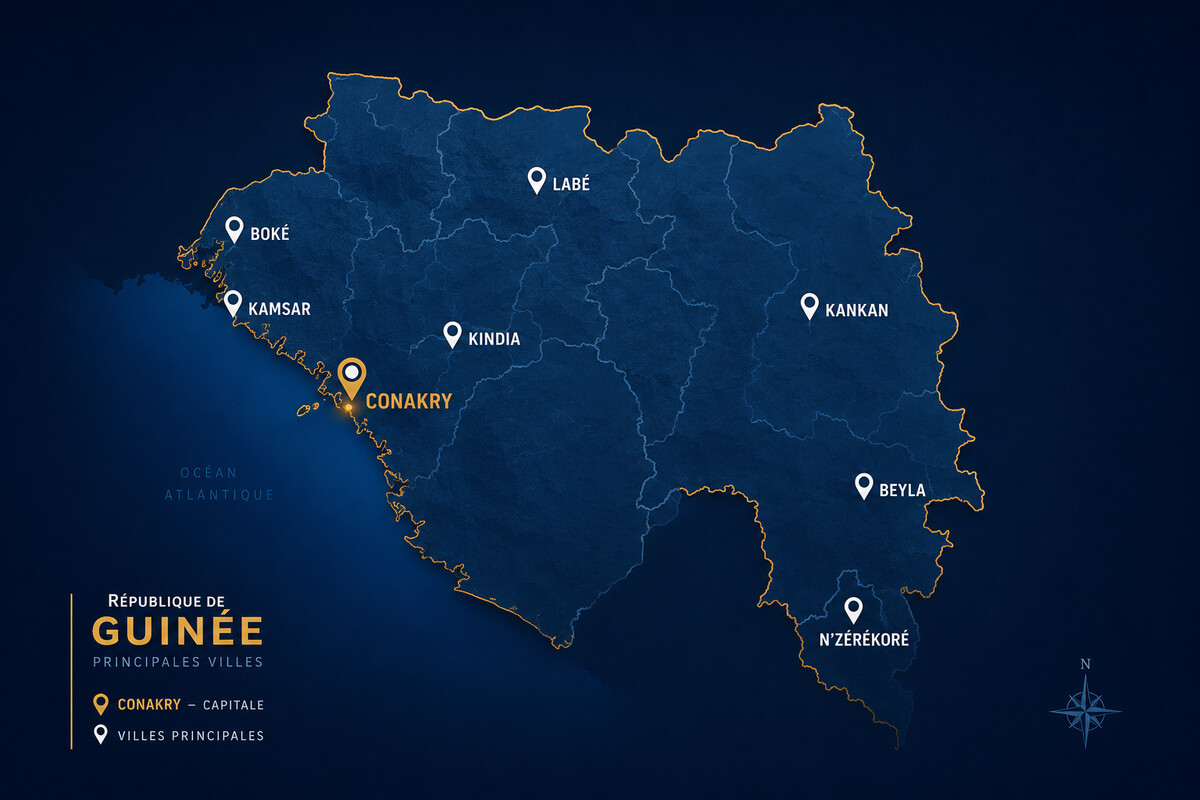 Carte de la République de Guinée avec les villes couvertes par LAAWDI GROUP : Conakry, Boké, Kamsar, Labé, Kindia, Kankan, Beyla, N'Zérékoré